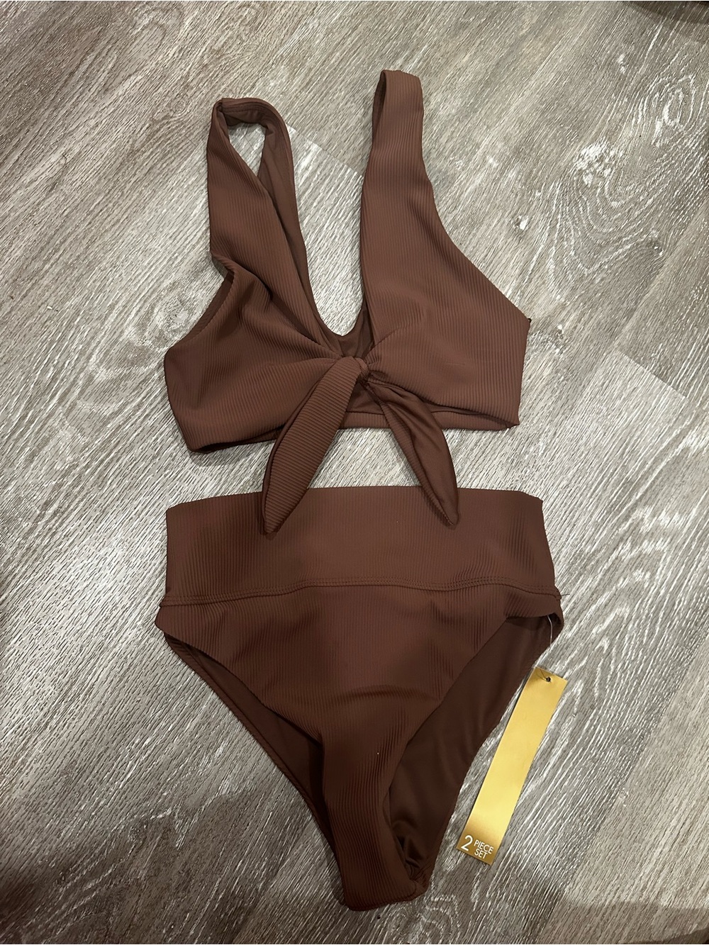 House of Harlow 1960 Ribbed Tie-Front Bikini in Chocolate